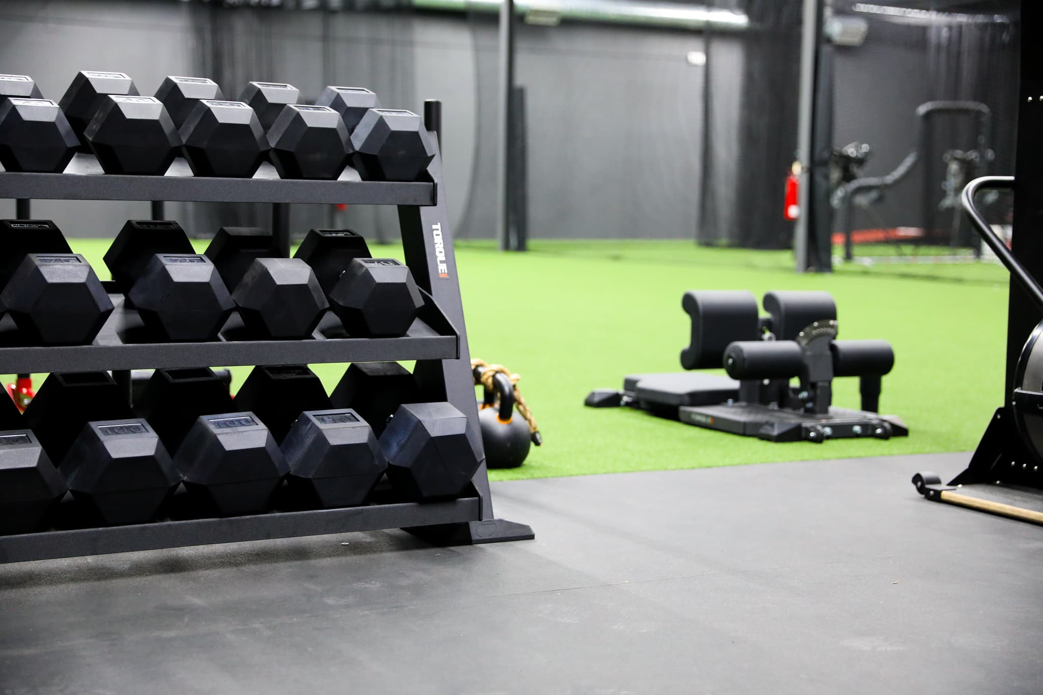 Performance training area with turf, racks, and equipment